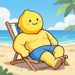 a lemon cartoon character, that is muscular, is relaxing on a beach, inspired by dalle - 2