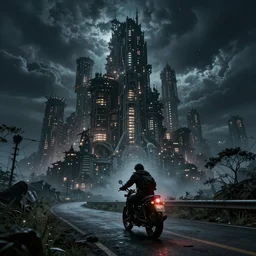 A lonesome wanderer riding a motorcycle, dark uncanny road to a huge hive city sparkling with city lights, dark clouds, descent into madness, death, i am the night, realistic 4k octane beautifully detailed render, 4k post-processing, highly detailed, intricate complexity, epic composition, magical atmosphere, cinematic lighting, masterpiece, ultra hd