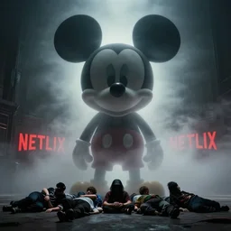 mickey mouse at the rear, shrouded in mist. the netflix sign on the back wall. people lying down in front of mickey, posing + mickey mouse is very large, sinister lighting, mist, gustave dore
