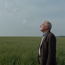 an old man in a field looking at multiverse bubbles in the sky, scene from a stanley kubrick movie, in c