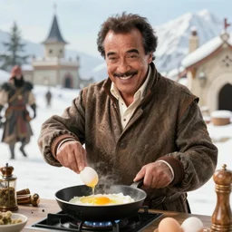 realistic still of danny devito cooking eggs in whiterun, amazing details, 8 k, 8 5 mm, f. 1 4, beautiful composition