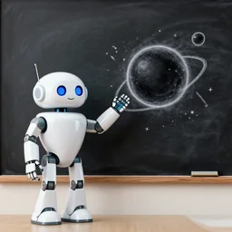 photo of a robot explaining a black hole using a chalkboard