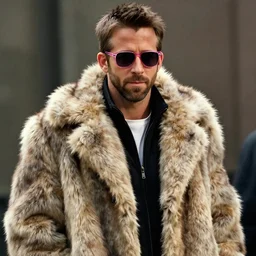 film still of Ryan Reynolds as Tyler Durden wearing big fur coat and pink sunglasses in Fight Club 1999