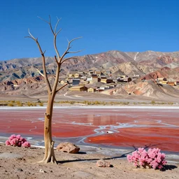 a gorgeous desert painting of death valley by barlowe wayne maxfield parrish and marco mazzoni. tree no leaf!!!! china mountain village!! blue and very little light verdancy. the protruding pink clumps of rock. ultra clear detailed. 3 d, octane render. turbulent blood lake.