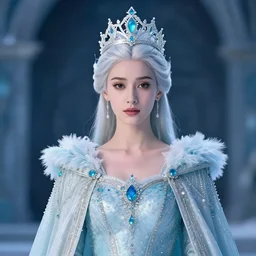 portrait photograph of a real-life extremely beautiful!! ice queen with ornate cloak and crown, looking at the camera!!. Extremely detailed.