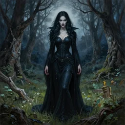 a highly detailed airbrush painting of an evil female fantasy sorceress with piercing beautiful eyes standing on a forest meadow, dead trees, night, art by karol bak and donato giancola and mark brooks, centered, full size, hires, 4 k, high resolution, sharp focus