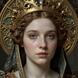 detailed realistic beautiful young medieval queen face portrait by jean delville and marco mazzoni, art nouveau, symbolist, visionary, gothic, preraphaelite, realistic smooth polished porcelain, ultrasharp hyperdetailed photorealistic octane render, ornate gothic icon with heavy patina