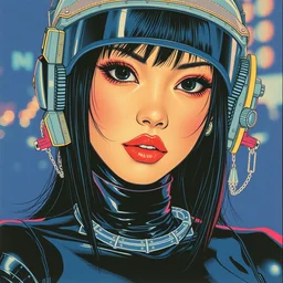 a close - up grainy risograph painting of cyberpunk japanese model girl with black eyes and pretty face wearing latex catsuit and lots of transparent and cellophane accessories, blue hour, twilight, by moebius and jack gaughan and lehr paul