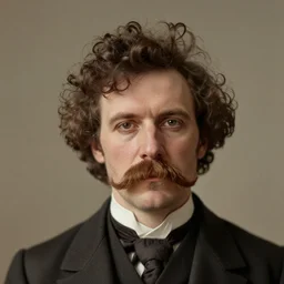 A photograph portrait of Jerma985 with crazy hair and a pyramidal mustache in the late 1800s, taken in the late 1800s, 1870s, grainy, taken on a Field View Camera, realistic, hyperrealistic, very realistic, highly detailed, very detailed, extremely detailed, detailed, digital art, trending on artstation