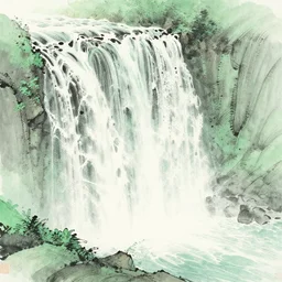 an endless waterfall, green colour splash, painted with a thin brush, detailed sumi-e illustration