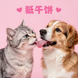 cat and dog licking each other, cute drawing, trending on Artstation, long tongue, (pink colors), trending on Twitter, trending on Instagram, very beautiful fur, perfect animal
