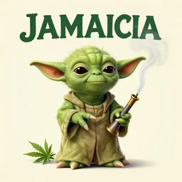 vintage travel advertisement for jamaica, of yoda made out of green cannabis sativa, smoking a bong
