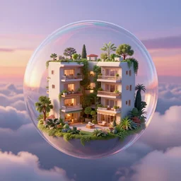miniature solarpunk apartment inside a bubble, floating on clouds, realistic 3 d render, unreal engine, gardens, ecofuturism, solarpunk, maya, 8 k, vmax, award winning, trending on artstation, smooth, sharp focus, octane, twilight sunset background