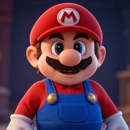 Mario looking at the camera dramatically with cinematic lighting
