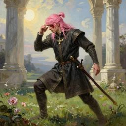 medieval noble male with pink hair in ponytail and pink bangs which partly cover his face, full body view, dramatic pose, blood on his face, photorealistic oil painting in medieval style, sun in the sky, bloom, green grassy land and white marble columns in the background