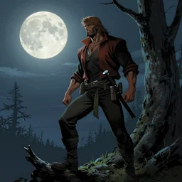 a lumberjack at night against the moon in the style of Mike Mignola