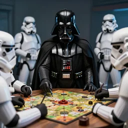 Darth Vader and a few Storm troopers playing boardgame, photo realistic, volumetric lighting