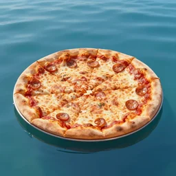a deep dish Chicago style pizza floating in Lake Michigan