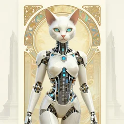 A cybernetic cat god. Synthwave. temple. 8k resolution, extremely detailed, digital illustration. Poster by alphonse mucha.