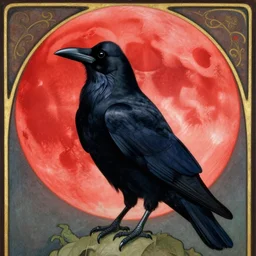 a black raven in front of the red moon by alphonse mucha