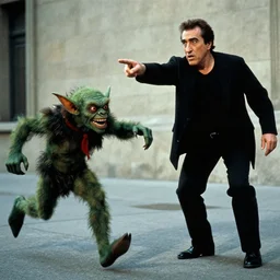 frightened robert deniro pointing at a running goblin, photograph, 1 9 7 6
