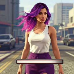 a stunning GTA V loading screen with a beautiful woman with ombre hairstyle in purple and pink blowing in the wind, tanktop and skirt, city streets, digital art, trending on artstation