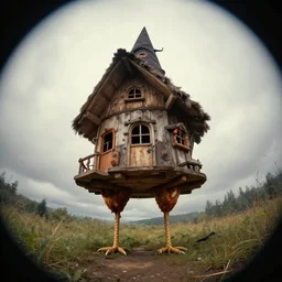 a witch hut standing on chicken legs, greg rutkowski, zabrocki, karlkka, jayison devadas, trending on artstation, 8 k, ultra wide angle, zenith view, pincushion lens effect
