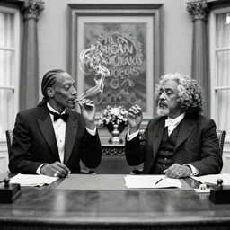 president snoop smoking a blunt with frederick douglass in the oval office, early black and white photo, 1 8 8 4