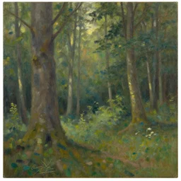 an oil painting titled in the woods of Kroandal, inspired by the music of Andreas Vollenweider
