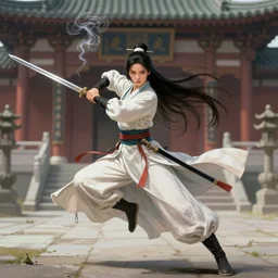 An epic fantasy comic book style portrait painting of a gorgeous sword dance Chinese costume woman, long hair, smoke, full body XIANXIA, Chinese temple, depth of field by Yoji Shinkawa 4k
