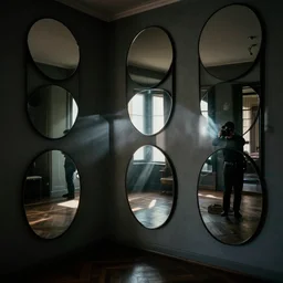 interior of an apartment, full of oval mirrors, reflections, photographer in the mirror, rays of light, dark color scheme