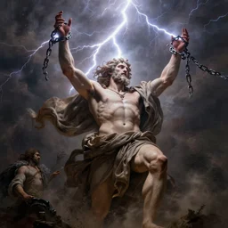 briareus being banished by lightning, windy, chains broken on hands, dramatic, stoic, modern, is ( ( with arms half lifted toward us ) ). light dust, magnificent, hyperdetailed, theatrical, masterpiece, from below, 9 0 mm lens, painted by jean honore fragonard and greg rutkowski