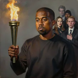realistic oil painting of kanye west holding a torch, detailed, by rembrandt van rijn, lisa frank, hr giger, beksinski, anato finnstark!!, 8 k resolution, beautiful lighting, studio light, extremely detailed, establishing shot, realistic materials, hyperrealistic