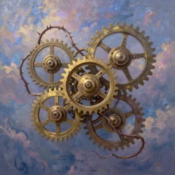 Mechanical gear,Thorns twining,out of time and space,dreamy, eternity, romantic, epic, artstation, highly detailed, in the style of Monet