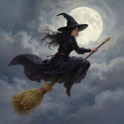 painting of a defiant witch riding a straw broom in the sky, extremely detailed book illustration, and cloudy full moon, dreamy feeling, dramatic lighting by artstation, cgsociety