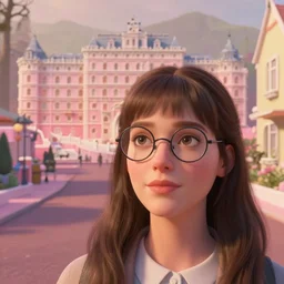 cinematic mid shot of a high detail, woman's face looking off camera, with round glasses. fine facial features. she stands in an empty, pastel colourful 3 d, suburban street scene by jeffrey smart and gregory crewdson and edward hopper, inspired by the grand budapest hotel and edward scissorhands