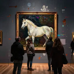 a beautiful glitched painting by robert proch of people in front of a painting of a white horse in a museum gallery, metal rust and plaster materials, pixel sorting, color bleeding, brushstrokes by jeremy mann, still life, dark colors