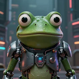 cinematic portrait of pepe the frog cyborg, cybernetic, cyberpunk city background, full face portrait, centered, symmetrical face, atmospheric lighting, intricate, volumetric lighting, cyberpunk, concept art, sharp focus, ultra detailed, concept art by marc simonetti and dan mumford. featured on artstation
