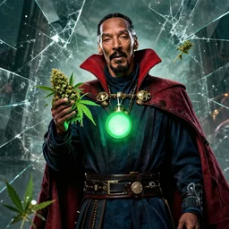 snoop dogg as doctor strange, marijuana, marijuana leaves, green light, black suit!!!!!!, multiple dimensions, shattered glass, refractions, highly detailed, cinematic by francis tneh, marvel cinematic universe, mcu, photo
