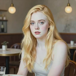 Painting of Elle Fanning at a cafe, long blonde hair, delicate, pale milky white porcelain skin, by Ramon Casas. 8K. Extremely detailed.