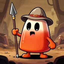 a cartoon candy corn character holding a spear and wearing a hat, a character portrait by muggur, trending on deviantart, pop surrealism, 2 d game art, apocalypse art, by by joao artur da silva, tumblr contest winner, shock art