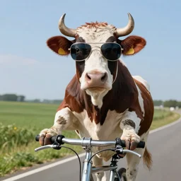 a cool jazzy cow wearing sunglasses on a bike