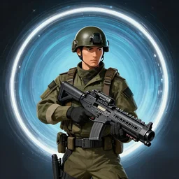 a soldier holding a big plasma rifle in front of a portal to another dimension, art by emmanuel shiu