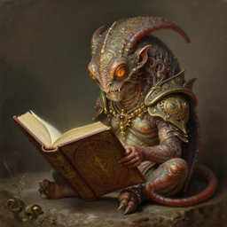 painting of a small beholder reading from a book, intricate, fantasy, d & d, elegant, highly detailed, digital painting, artstation, concept art, smooth, sharp focus, illustration, art by artgerm and greg rutkowski and alphonse mucha, 8 k