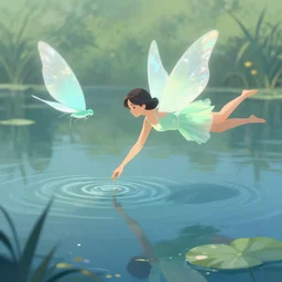 flying fairy touching lake with her finger, art, digital art, trending in artstation