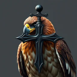 an hawk holding a black cross shaped sword in his beak, digital art, 4 k, pirates of the caribbean style