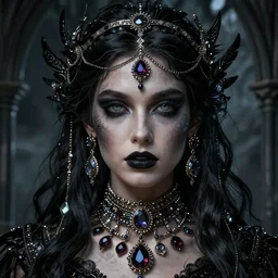 stunning Gothic goddess of jewels beauty, dark and mysterious, atmospheric, ominous, eerie, cinematic, Epic, 8k, 4k, ultra detail, ultra realistic, rendered by awesomeness