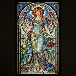 full - body stained glass artwork, imogen poots paladin, by artgerm, cushart krenz, greg rutkowski. art nouveau neo - gothic stained glass by mucha. dota. swirly intricate glass linework background. gaudy colors, sharp edges. ultra clear detailed. 8 k. elegant. octane render