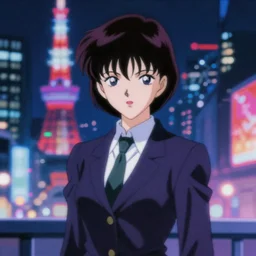 blurry and dreamy screencap of a character from 8 0 s horror anime, vampire woman with short hair wearing dress suit with tie, satoshi kon anime, character design by yoshitaka amano and junji ito, glitchy vhs tape, night tokyo in the background, perfect blue color palette, noisy film grain effect, blurry image
