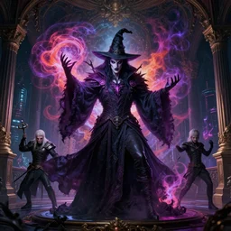 high fashion, beautiful portrait, evil powerful wizard mage, intricate colorful cosmic uncontrollable smoke magic battle, bloodborne, skyrim, witcher, rococo baroque gothic victorian interior cyberpunk city vista, artstation, tyle of artgerm, andreas rocha, hiroshi nagai